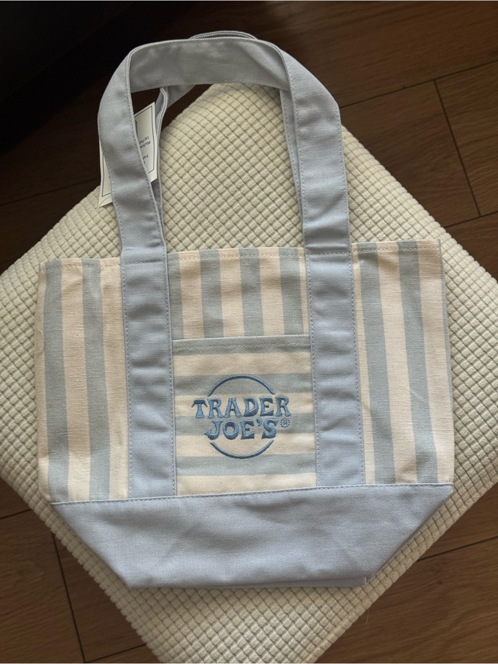 Limited Edition Trader Joe's Striped Canvas Tote in Light Blue and Cream